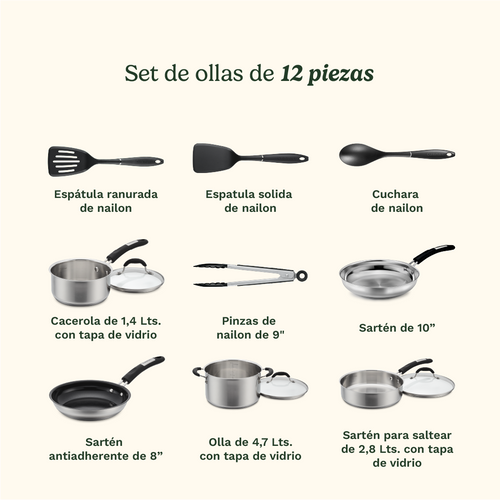 Bateria de Cocina de Acero Inoxidable 12 piezas